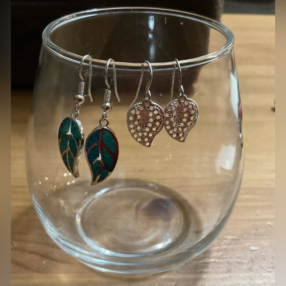 Barzel: silver and turquoise leaf shaped drop/dangle and  silver wired earrings.